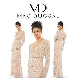 Mac Duggal Cream Sequin Long Sleeve Gown